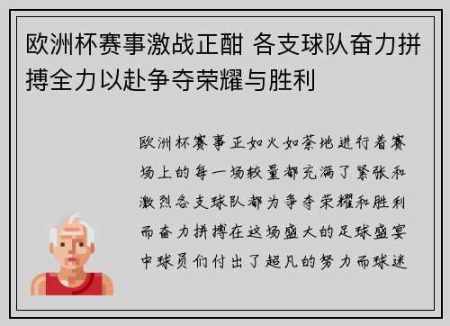 欧洲杯赛事激战正酣 各支球队奋力拼搏全力以赴争夺荣耀与胜利