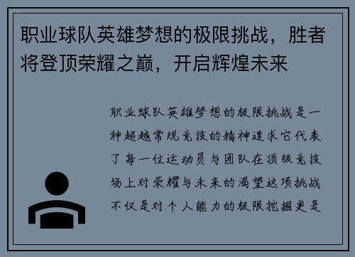 职业球队英雄梦想的极限挑战，胜者将登顶荣耀之巅，开启辉煌未来